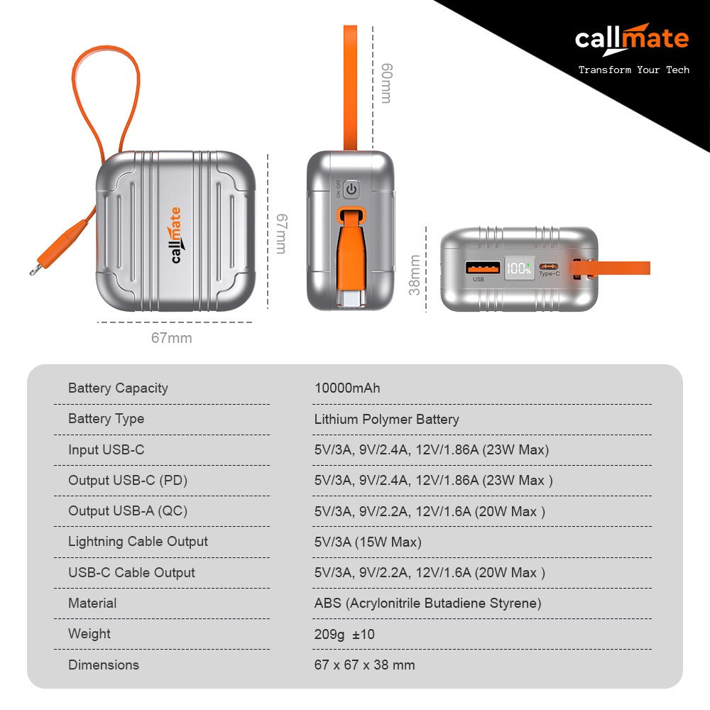 10K Power Bank – Retractable Cable Edition
